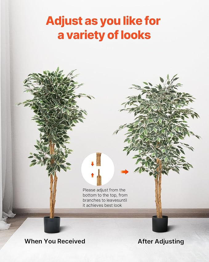 VEVOR 5FT Artificial Ficus Tree with Black Pot, Tall Faux Ficus Plant with Natural Wood Trunk and Realistic Green Leaves, Indoor Fake Silk Tree for Home, Office, Living Room, or Corner Décor