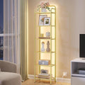 Hzuaneri Bookshelf, Tempered Glass Bookshelves with Lights and Steel Frame | Tall Narrow Bookcase, Display Shelf, Slim Shelving Unit for Living Room, Bedroom, 9.6"D x 15.4"W x 66.5"H Gold BC34699G