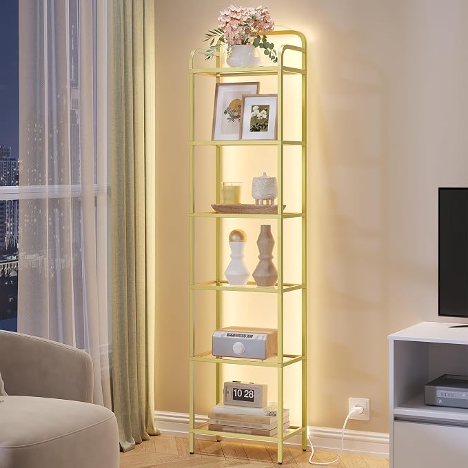 Hzuaneri Bookshelf, Tempered Glass Bookshelves with Lights and Steel Frame | Tall Narrow Bookcase, Display Shelf, Slim Shelving Unit for Living Room, Bedroom, 9.6"D x 15.4"W x 66.5"H Gold BC34699G