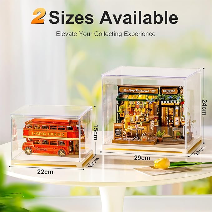 Rolife Acrylic Display Case Dust Cover for Collectibles, Dustproof Protection Showcase with White Base with Door for Mini Dollhouse, 3D Puzzles (8.8''x7.6''x6'')