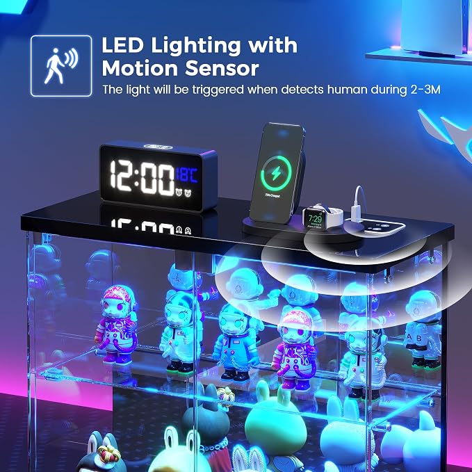 Dystler Glass Display Case with LED Lights, Small 2-Tier for Figures | Lighted Display Cabinet with Motion Sensor, Clear Tempered Glass Door, USB-C Charging Hub for Collectibles, Rocks, Tabletop