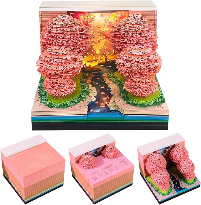 Time Piece Calendar 2027 Desk Calendar with LED Light 3D Tear-away Paper Carving Art Memo Pad Notepad Gift for Christmas Housewarming Desktop Decoration (Peach forest)