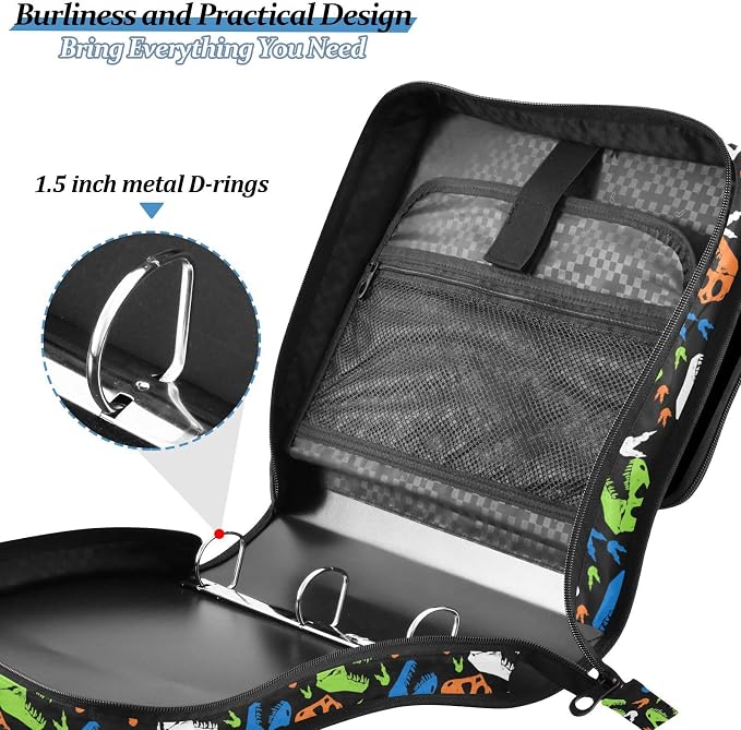Custom Dinosaur Skull Black Print 3 Ring Zipper Binder with Shoulder Strap & Handle 1.5 Inch D-Ring Zippered Bag with Multiple Pocket, Personalized Binder Organizer for School or Office