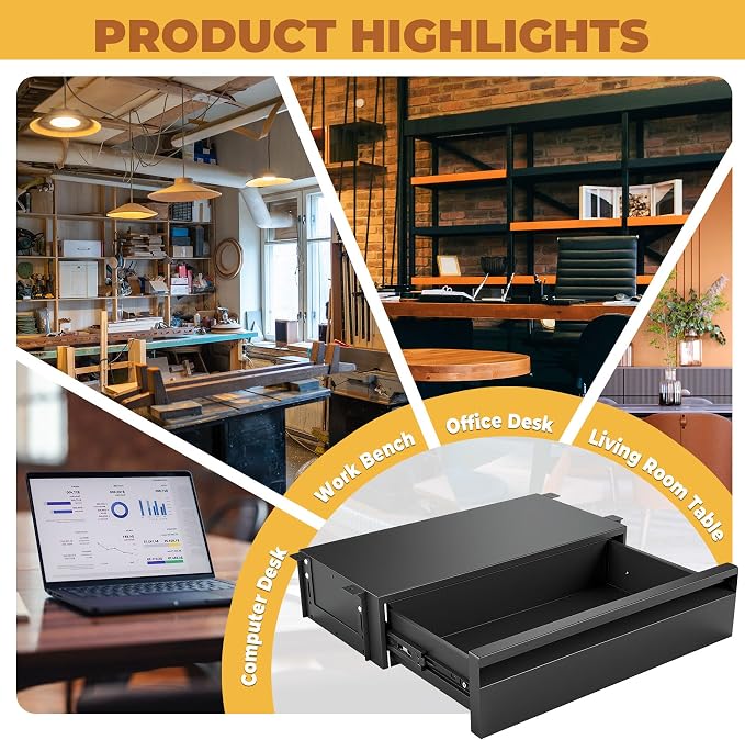 POPMOON 16.6 inch Under Desk Drawer, Adjustable Pull Out Storage Organizer | Carbon Steel Under Table Drawer with Silent Smooth Slide Rails for Office & Home, Adjustable Height, Each Hold 33 lbs
