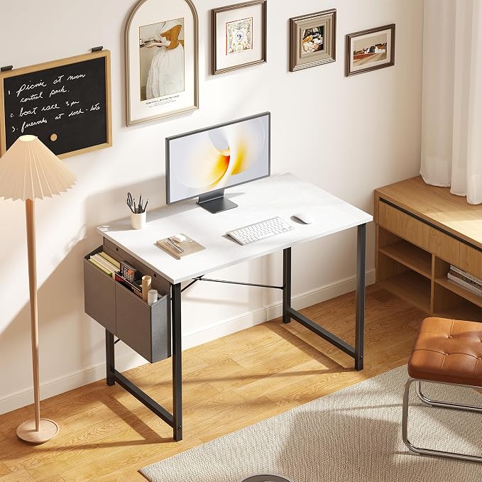 OLIXIS Small Computer Desk, 31 Inch Gaming Desks for Home Office | Writing Study Craft Work Table, Computer Workstation for Bedroom Small Spaces with Storage Bag, White and Black