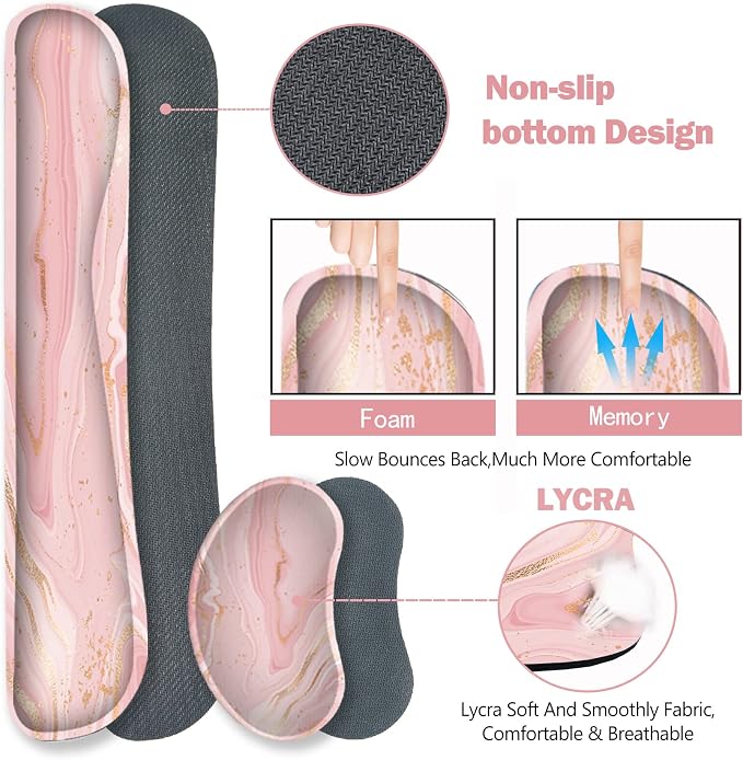 Extended Gaming Mouse Pad Set, Keyboard Wrist Rest Support Pad + Wrist Cushion + XXL Large Mouse Pad + Coaster, Stitched Edge, Non-Slip, Memory Foam Desk Mat, Pink Gold Marble