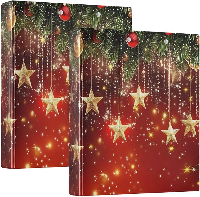 3 Ring Binder Christmas Stars Christmas Balls 1.5 inch Binders Three Ring Binders with Clipboard Fit 8.5'' x 11'' Paper 3 Interior PVC Clear Pockets for Office Supplies