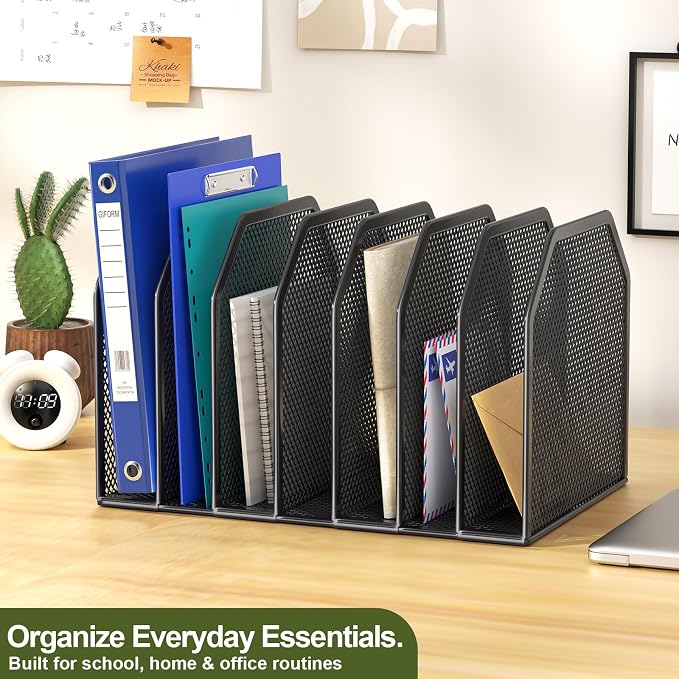 FANXIYQ Black 7-Section File Folder Organizer for Desk, Metal Vertical File Holder Stand, Desktop File Organizer Rack for Letter/A4 Folders, Papers, Books, Office Classroom Home