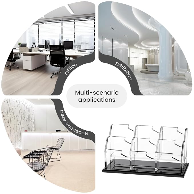 YUXUN Business Card Holder for Desk Vertical 2 Tier 6 Slot ,Black Acrylic Business Card Display Stand for Men & Women,Desktop Business Card Organizer for Office Home Exhibition, 300 Card Capacity