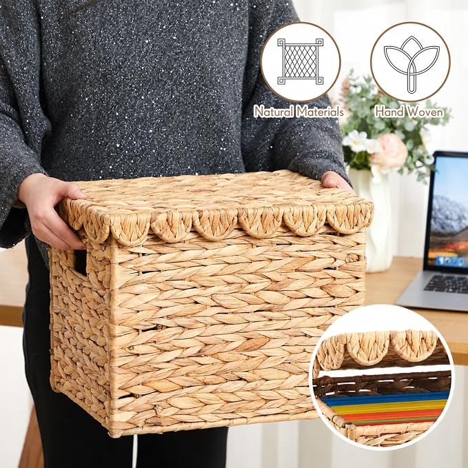 Jingmore 2 Pack Water Hyacinth File Storage Box with Scalloped Lid Collapsible Letter Size Hanging Filing Organizer Basket for Home, Woven Decorative Document Storage Box