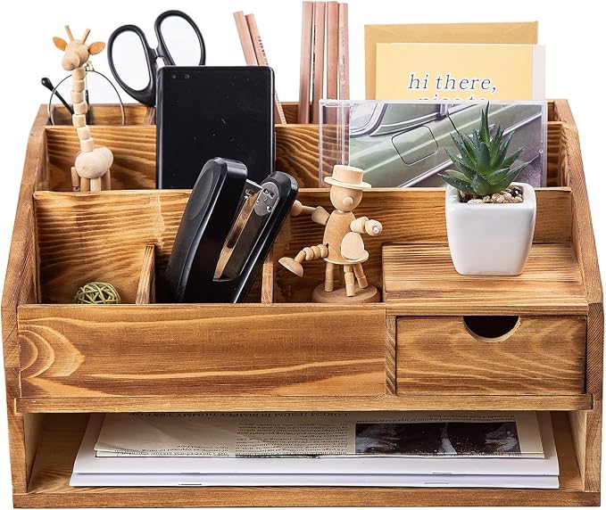 Wood Desk Drawer Organizers with File Organizer Pen holder Decor combo for Desk Organization, Office Desks, Home can arrange calculators, scissors, pens, note papers, etc. (Baked color)