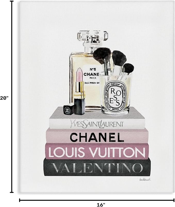 Stupell Industries 'Cosmetics on Pink Books'| Canvas Art | Stupell Industries | 16 x 20 Inches, Easy to Hang and Sturdy, Made in USA, by Amanda Greenwood