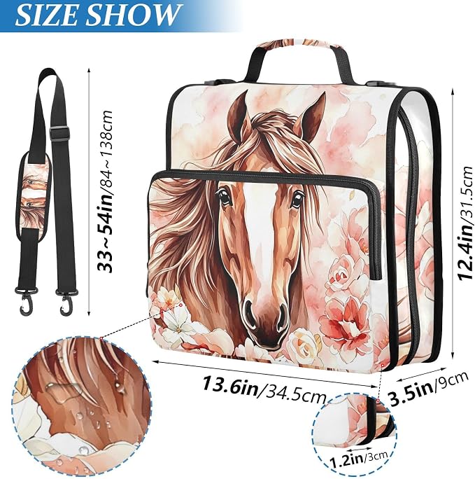 Brown Horse Watercolor Flower 3 Ring Binder Bag 1.5 inch Binder Organizer with Zipper Shoulder Strap 500 Sheet Documents Storage for School Office