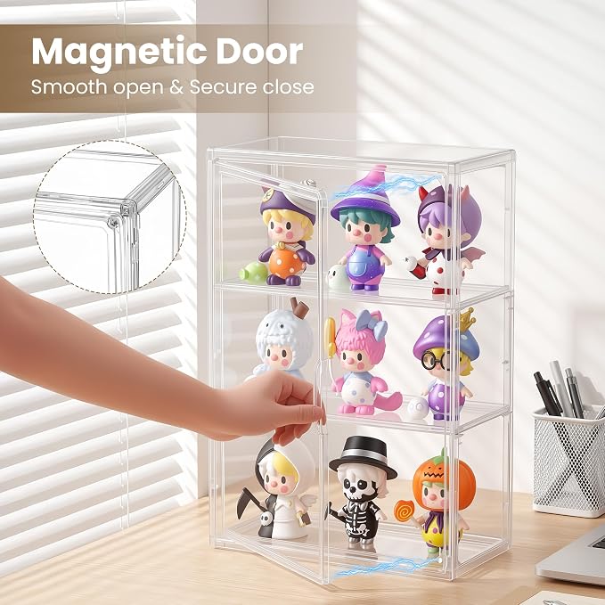 3-Tier Acrylic Display Case for Figures, Wall-Mounted Clear Action Figure Storage Organizer with Magnetic Door & 2 Adjustable Shelves, Dustproof Showcase for Collectibles, 1 Pack