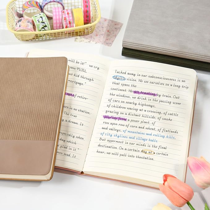 TSFPapier Lined Journal Notebook for Work College Ruled Note Book 5.79"x8.27" A5 PU Leather Daily Journaling 216 Pages for Women Men Writing Home School Supplies Business (Khaki)