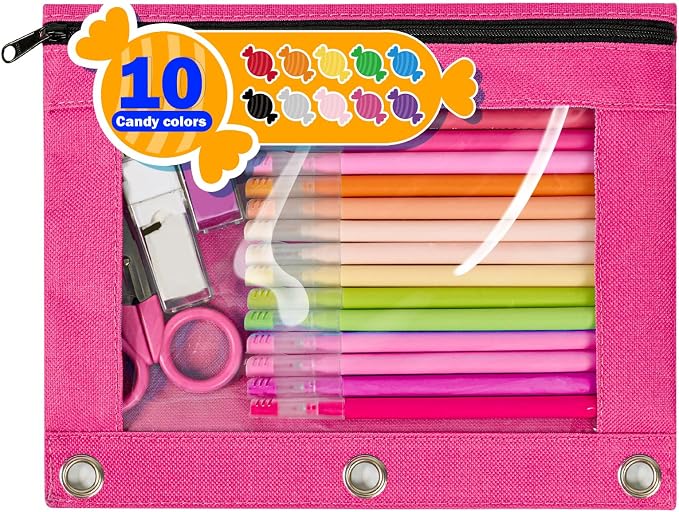 Forvencer Zippered Pencil Pouches, Premium Heavy-Duty Zippers Pencil Case | Aesthetic 3 Ring Pencil Case, Candy Colors, Cute Clear Binder Pouch, Colorful Zipper Pencil Bag for Girls Boys, Fuchsia