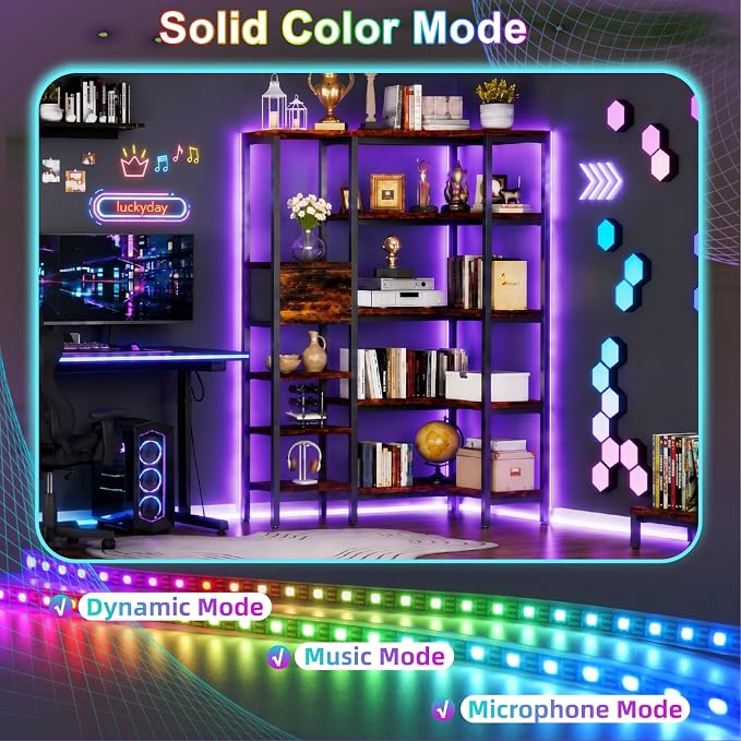 L-Shaped Corner Bookshelf with LED Light Strips & Fabric Drawer, 5-Tier Industrial Convertible Book Shelf Freestanding Display Shelf for Living Room, Home Office, Bedroom (Rustic)