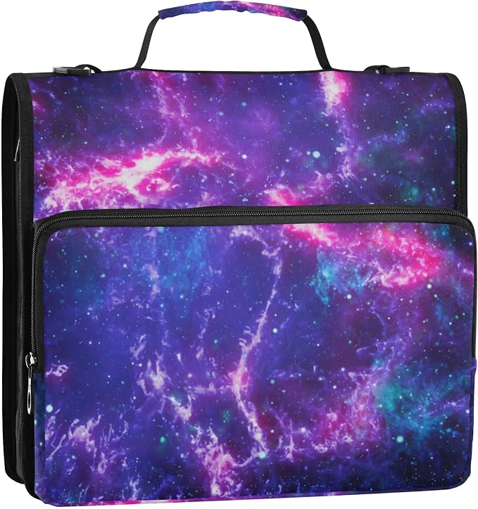 Fisyme Space Galaxy Zipper Binder 3 Ring with Zipper and Shoulder Strap Large Capacity Multi-Pocket Zipper Binder Organizer