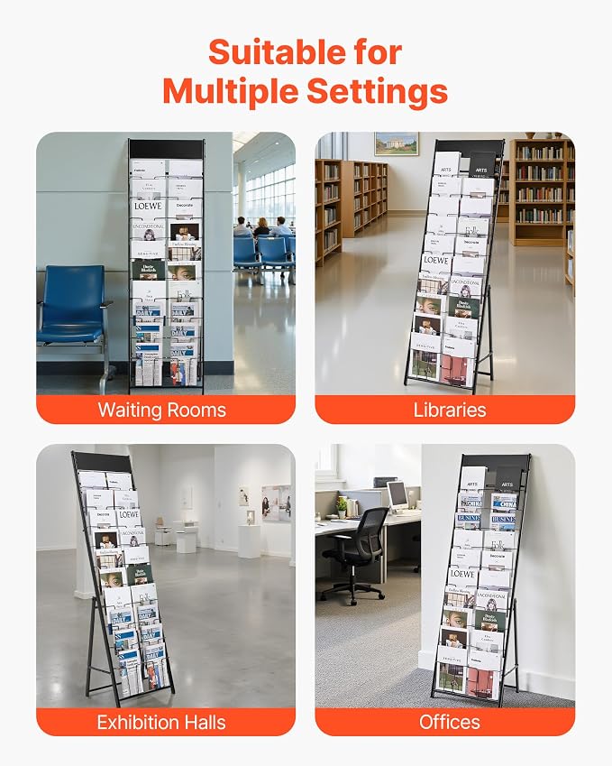 VEVOR Brochure Display Rack, 20 Pockets Magazine Literature Display Stand, Portable Floor Standing Magazine Rack, Metal Newspaper Catalog Holders for Shop, Exhibitions, Office, Trade Show, Black