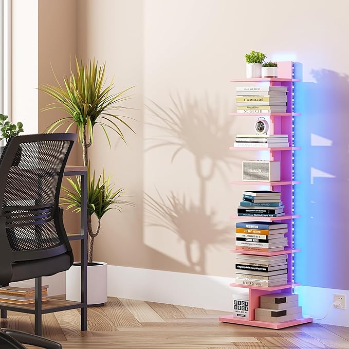 TUTOTAK Book Shelf, Narrow Spine Bookshelf, 8-Tier Bookcase with LED Lights | 10.4 x 13.4 x 47.5 Inches Vertical Freestanding Corner Shelf for Living Room, Office, Small Space, Pink BS06BP008L