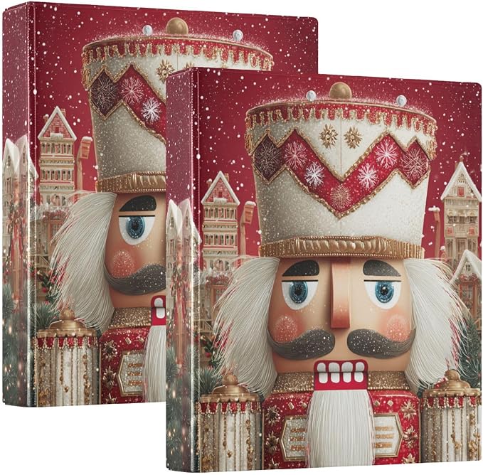 Red Christmas Nutcracker Binder 3 Ring 1.5 Inch Binder with Clipboard&Pockets, Hardcover Binders Heavy Duty Large File Folder for Office School Supplies - Holds 200 Sheets, 2 PC