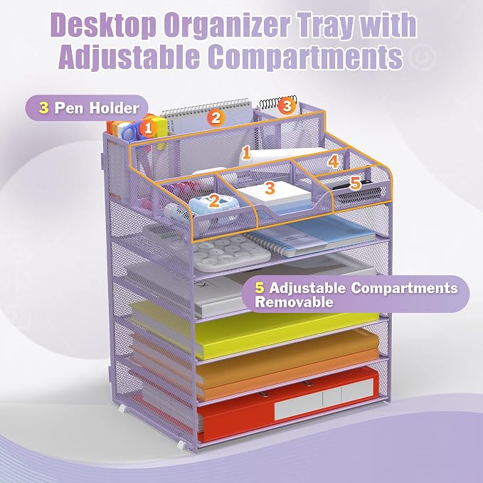 Docnest 6 Tier Mesh Desk Organizer with Letter Tray & Paper Sorter, Purple | Features 3 built-in pen holders & 5 adjustable compartments on top. Includes 4 non-slip rubber feet for desk protection