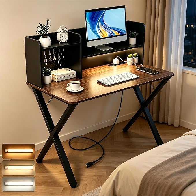 Lightdot 44" ×24" Black Home Office Computer Desk with Charging Ports, Study Gaming Desk with Hutch Pegboard & Motion Sensor Light, Student Writing Desk with Storage for Home Office Bedroom