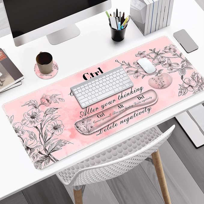 Large Gaming Mouse Pad Pink Floral, Ergonomics Keyboard Desk Mat with Wrist Rest, Cute Extended Game Mousepad, Non-Slip Desk Matt Easy Typing I Inspirational with Positive Quotes Ctrl Alt Del