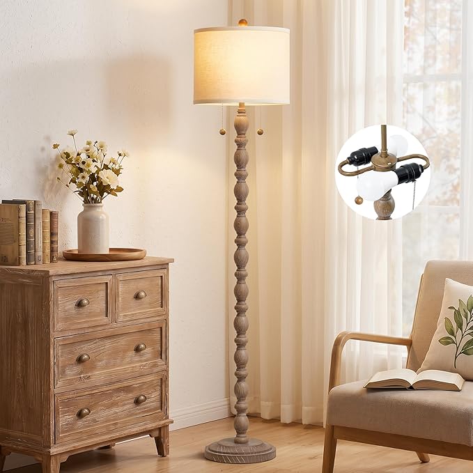 Luvkczc Farmhouse Floor Lamp for Living Room Bedroom, 62" Tall Standing Lamp with Dual Pull Chains, Vintage Resin Floor Lamp with 9W LED Bulb, Easy Assembly