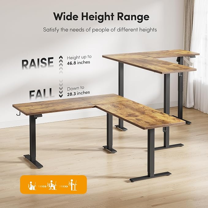 CubiCubi 63“ x 55" L Shaped Standing Desk Adjustable Height, Electric Corner Desk, Sit Stand Home Office Desk with Splice Board, Rustic Brown