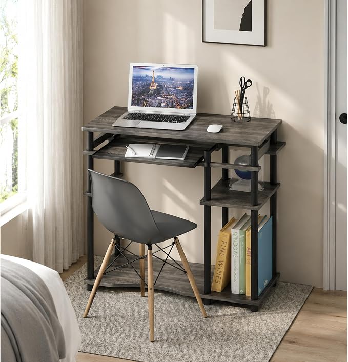 Furinno Abbott 31.5 Inch Desk with Keyboard Tray, Grey Oak | Easy Assembly, Storage Shelf, Computer Desk, Gaming Desk, Writing Desk for Dorm, Bedroom, Study Room