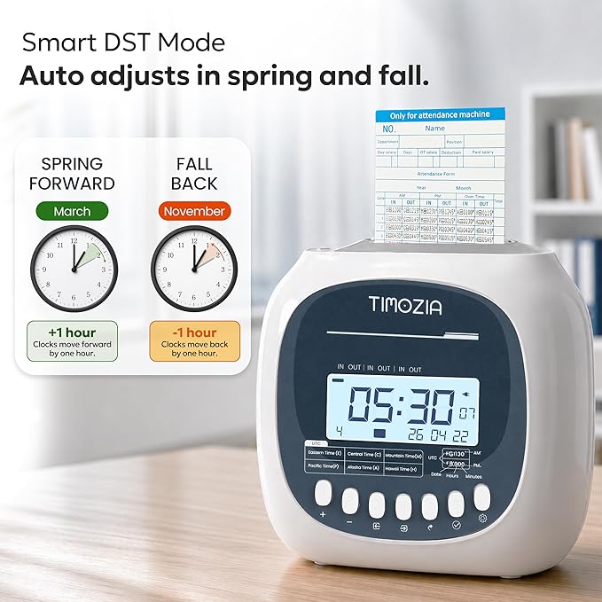 Time Clock for Employees Small Business, 6 U.S. Time Zones, Automatic Daylight Saving & Auto Time Update, Punch Card Time Recorder with 6 Punches Per Day-100 Time Cards and 2 Ribbons