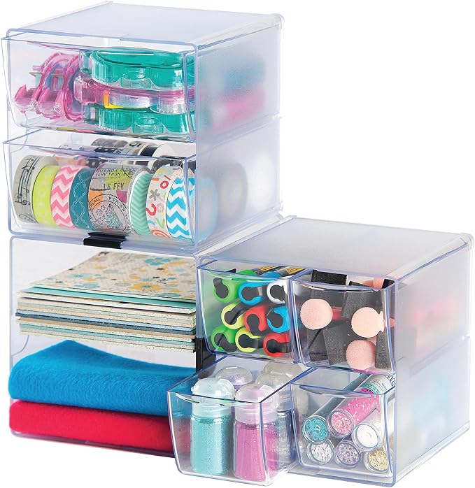 Deflecto Stackable Cube Organizer, Desk and Craft Organizer, 4 Drawers, Clear, Removable Drawers and Dividers, 6"W x 6"H x 7 1/8"D (350301CR)