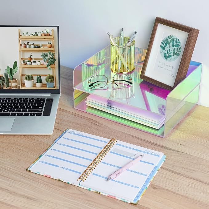 2-Tier Letter Tray Stackable Acrylic Desk Organizer File Holder | Iridescent Rainbow Paper Sorter For Desktop Document Office Accessories Storage Mail Organizer School Workspace Organization