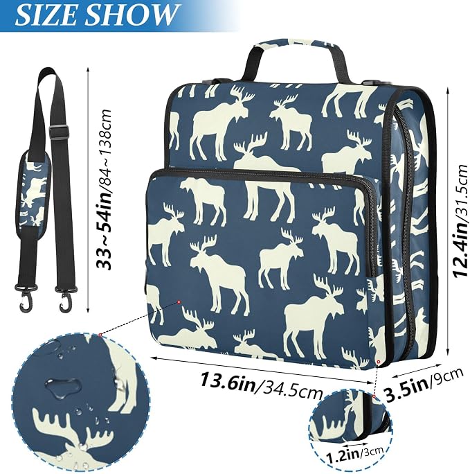 Fisyme Winter Deer Moose Zipper Binder 3 Ring with Zipper and Shoulder Strap Large Capacity Multi-Pocket Zipper Binder Organizer