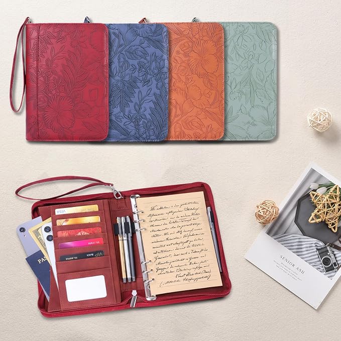A5 Binder 6 Ring with Zipper, Portable Planner for Travel & Study | Faux leather A5 planner with detachable 6 rings, lined pages, pouches, card slots and pen holder for daily use.
