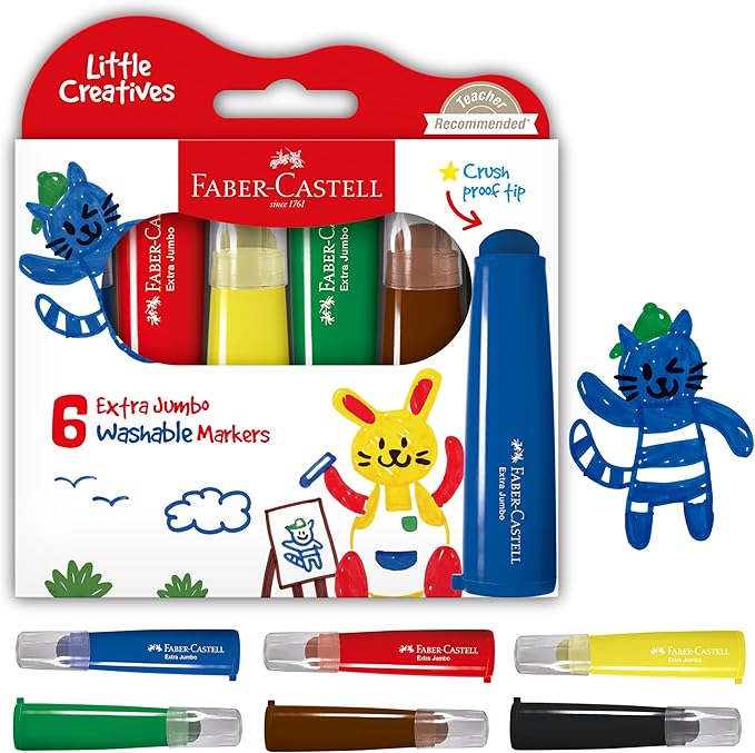 Faber-Castell Little Creatives Extra Jumbo Ultra Washable Markers for Kids - 6 Colors, Back to School Art Supplies | Summer Crafts for Kids | Art Supplies for Toddlers & Preschoolers (Ages 3+)