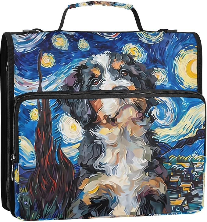 3 Ring Zipper Binder with Shoulder Strap Bernedoodle Dog Starry Night 1.5 inch Binders Keeper Large Capacity Multi Pockets for School Office Supplies
