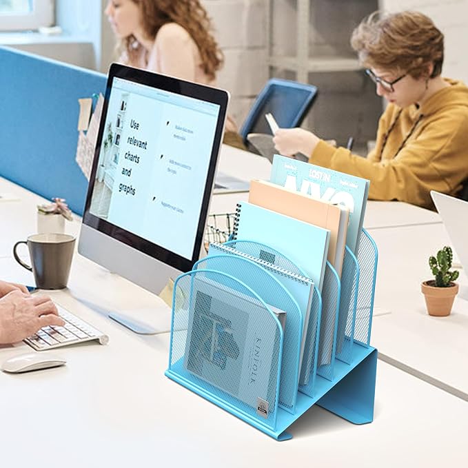 Delifox Inclined Desk File Organizer,Vertical File Folder Holder Stand Metal Rack File Sorter for Office Classroom Desktop Organization (2, Blue, 5)