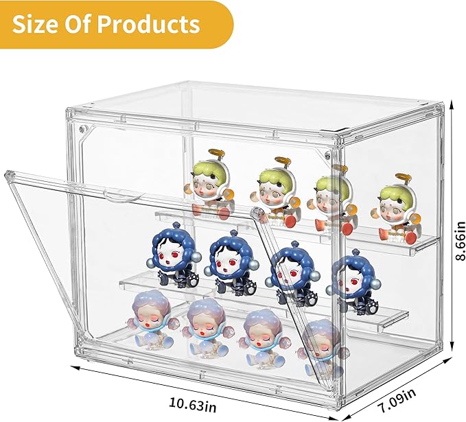 Acrylic Display Case for Collectibles 3 Tier,Small Clear Display Box 2pack | 2 Movable Dividers，Clear Showcase for Mini Figures，Easy Assembly, Magnetic Door, Stackable Design, Dustproof Durable Material