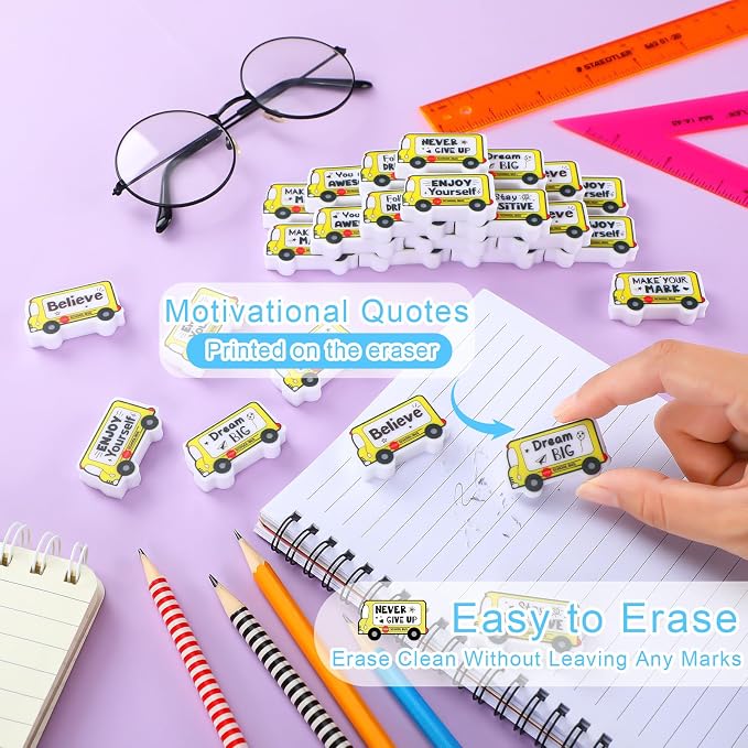 50 Pcs Mini Bus Erasers Bulk Inspirational Back to School Gift