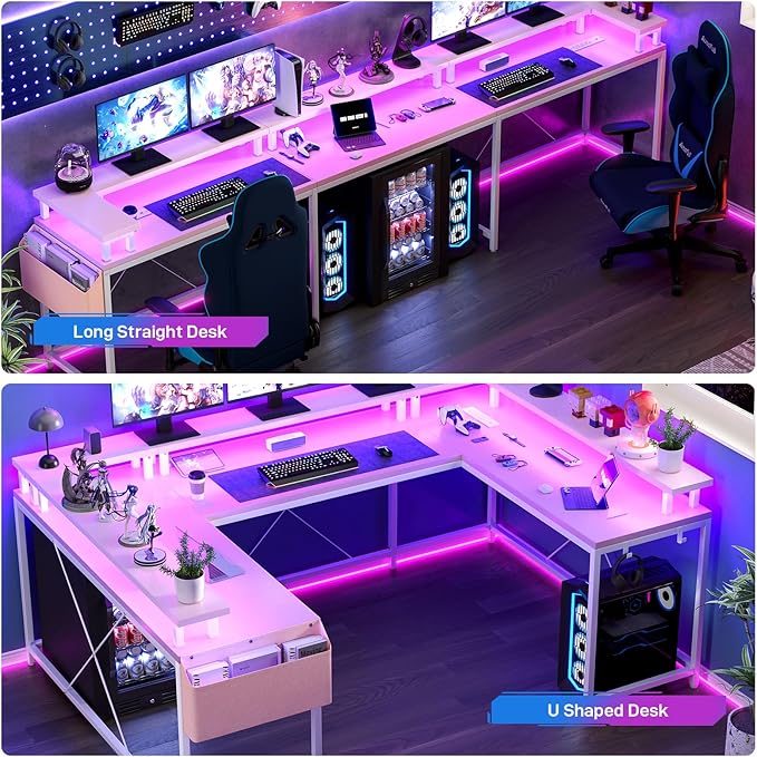 Reversible u Shaped to l Shaped Computer Desk with RGB Lighting & Charging Station, 79 Inch Home Office Workstation with Full Monitor Stand, Heavy Duty Gaming Desk Supporting 600LBS, Multiple Color Op