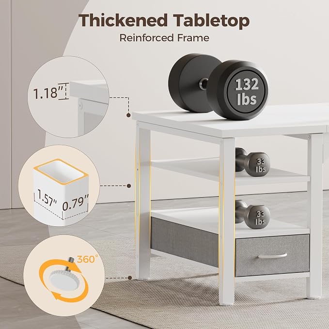 54" Computer Desk with Drawer, 1.2" Thick Reversible Office Desk | Modern Writing Table with Power Outlets & Storage Shelves, Heavy Duty Industrial Executive Desk for Home Bedroom Study Work