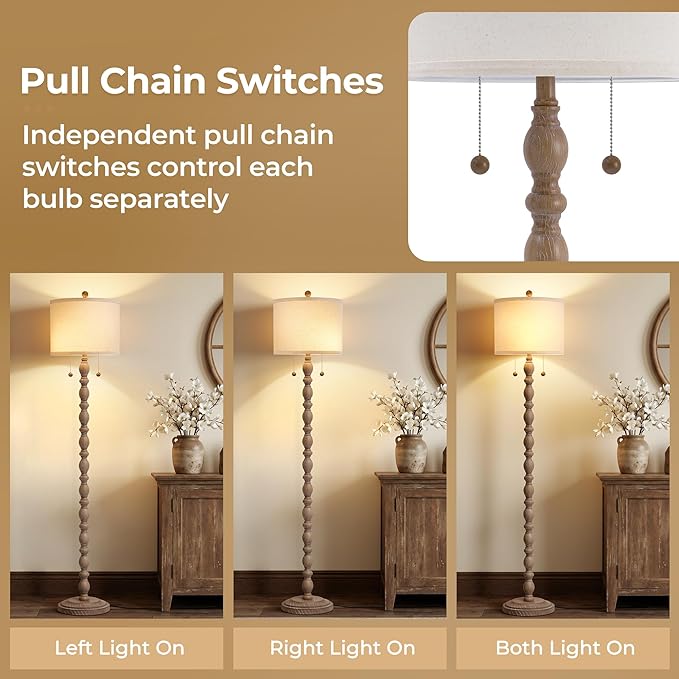 Luvkczc Farmhouse Floor Lamp for Living Room Bedroom, 62" Tall Standing Lamp with Dual Pull Chains, Vintage Resin Floor Lamp with 9W LED Bulb, Easy Assembly
