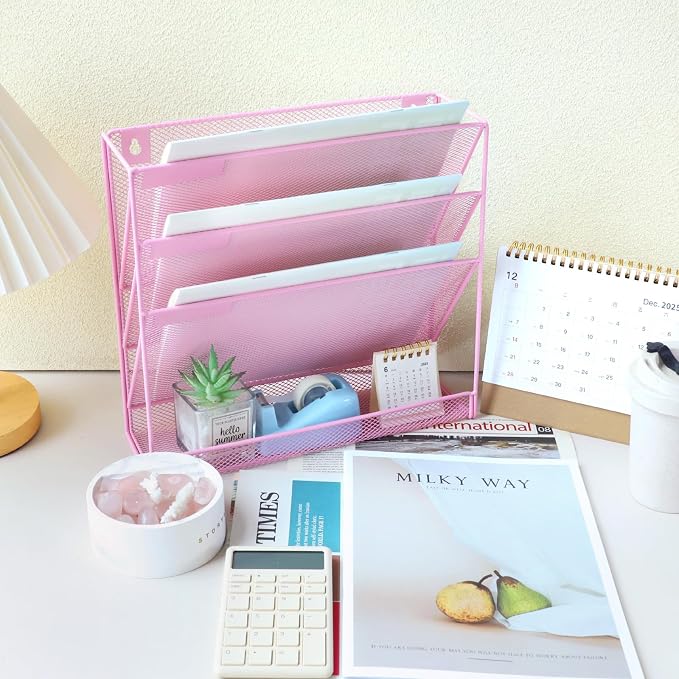 3 Pockets Mesh Wall File Holder Organizer with Bottom Flat Tray, Office Hanging File Folder Magazine Rack, Nametag Label Hooks Set Included, Pink
