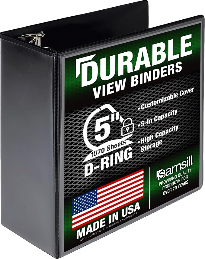 Samsill Durable 5 Inch 3 Ring Binder, D Ring Binder, Customizable Clear View, Black, Holds 1070 Pages