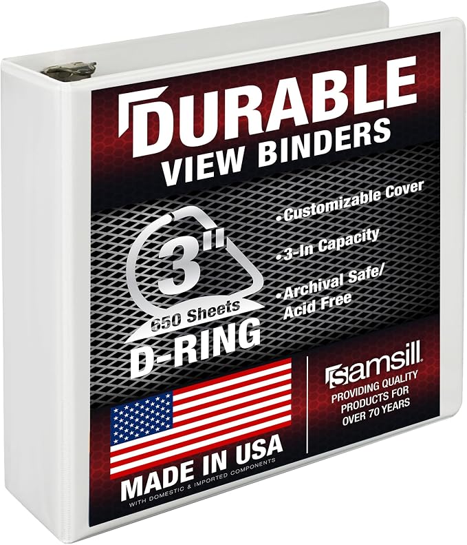 Samsill Durable 3 inch 3 Ring Binder, D Ring Binder, 100% Recycled Chipboard, White