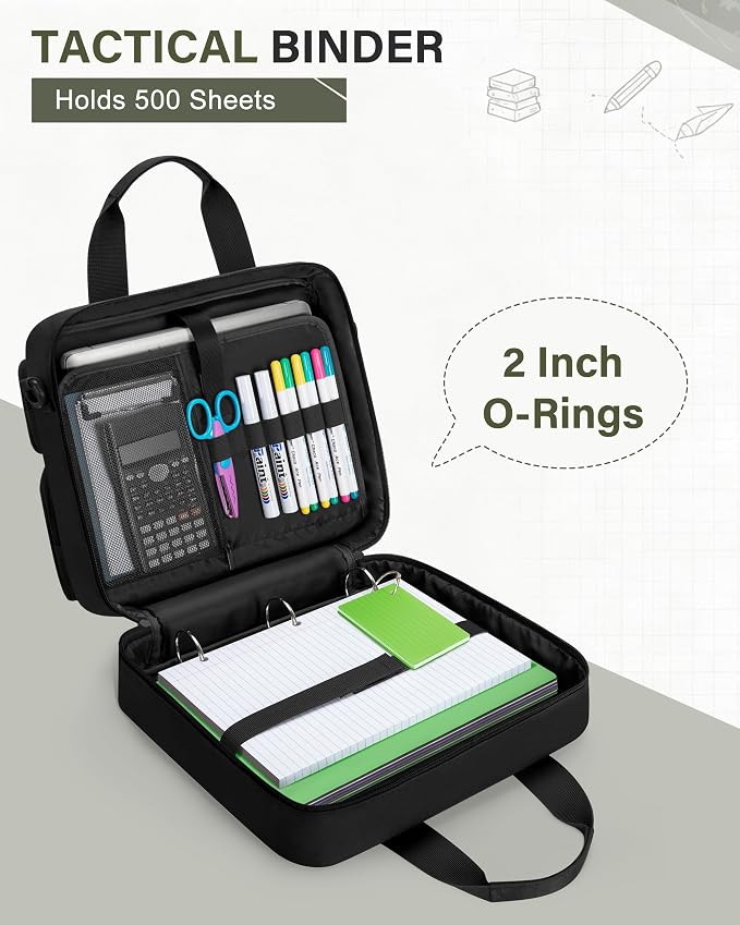 Fasrom Tactical 3 Ring Zipper Binder, 2 Inch Binder Organzier Bag for Men | 2-Inch O-Ring, Holds 500 Sheets, Fits 13-Inch Laptop, 3 Exterior Pockets, Shoulder Strap for Work & Office, Black