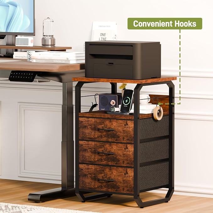 runjuly End Tables Set of 2 with Charging Station, LED Lights, Hooks, Brown | 3 Large Fabric Drawers, USB C Ports & Power Outlets, Metal Night Stand Pair, Storage Nightstand for Living Room / Bedroom