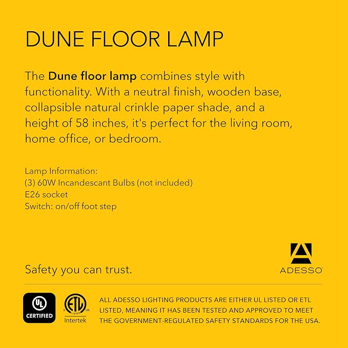 Adesso 3-Light Floor Lamp, Natural Wood & Beige, Adjustable, 58” | Dune 60W Floor Lamp with Foot Switch for Bedroom, Living Room, Reading Nook, or Corner Accent Lighting